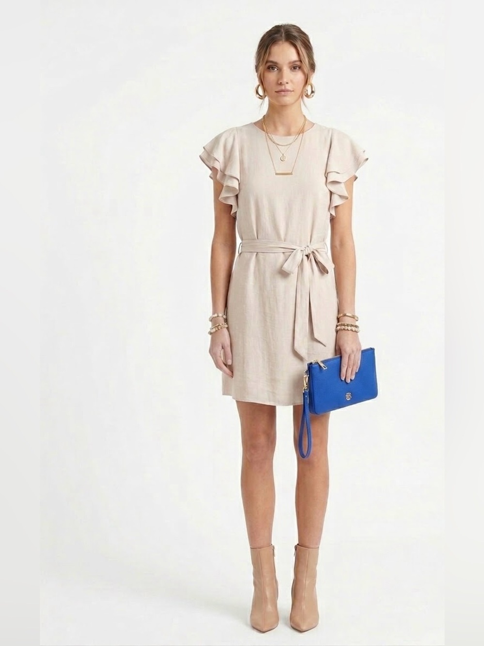 Naked Zebra $65 NWT P2P19” L34” Ruffle Sleeve Belted Shift Dress Oyster Cream L
